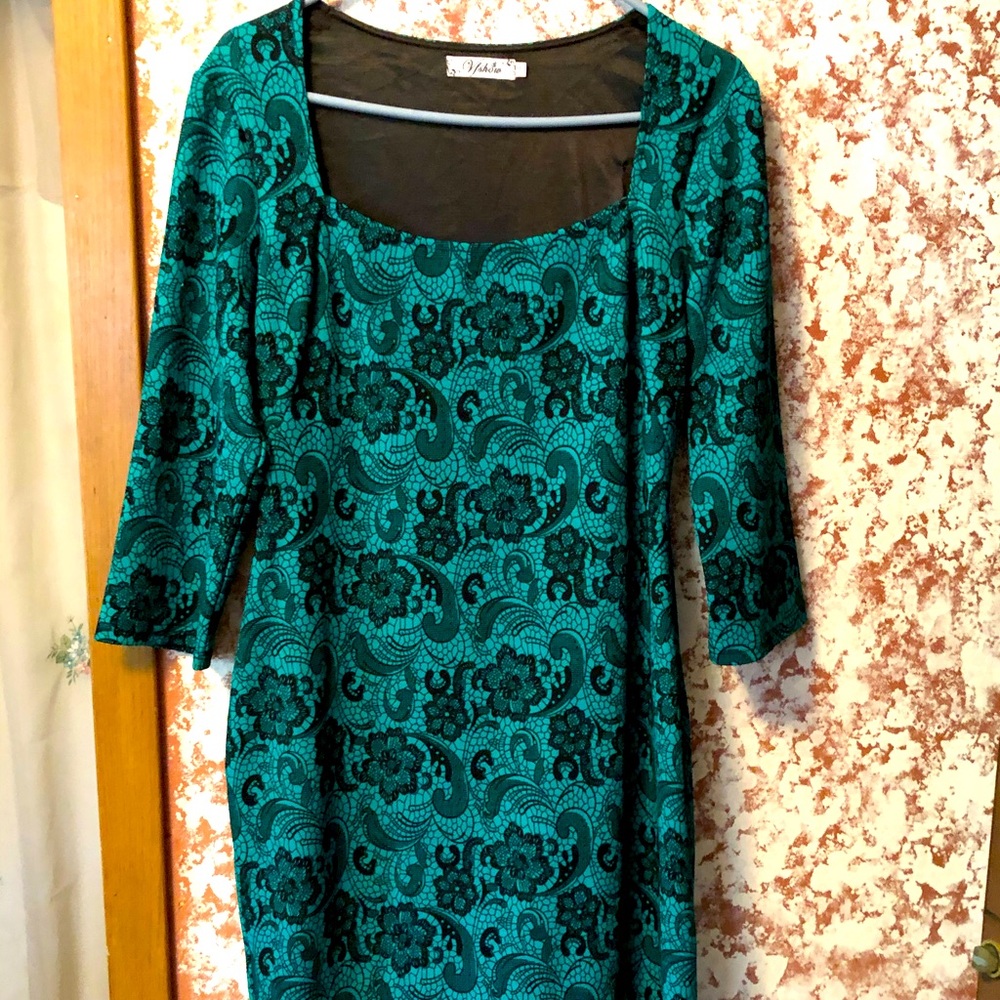 Dress, 3/4 Sleeve, Turquoise & Black in Color, 16 🖤🥀